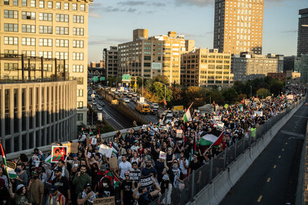 Protesters fill the streets in New York to support Palestinians in Gaza.